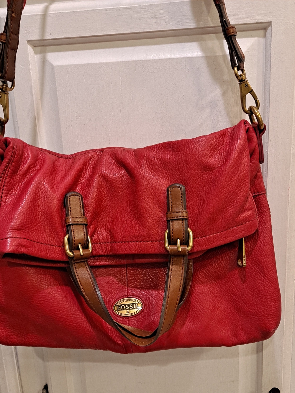 Fossil Dark Pink Supple Leather Explorer Foldover Crossbody Satchel Tote